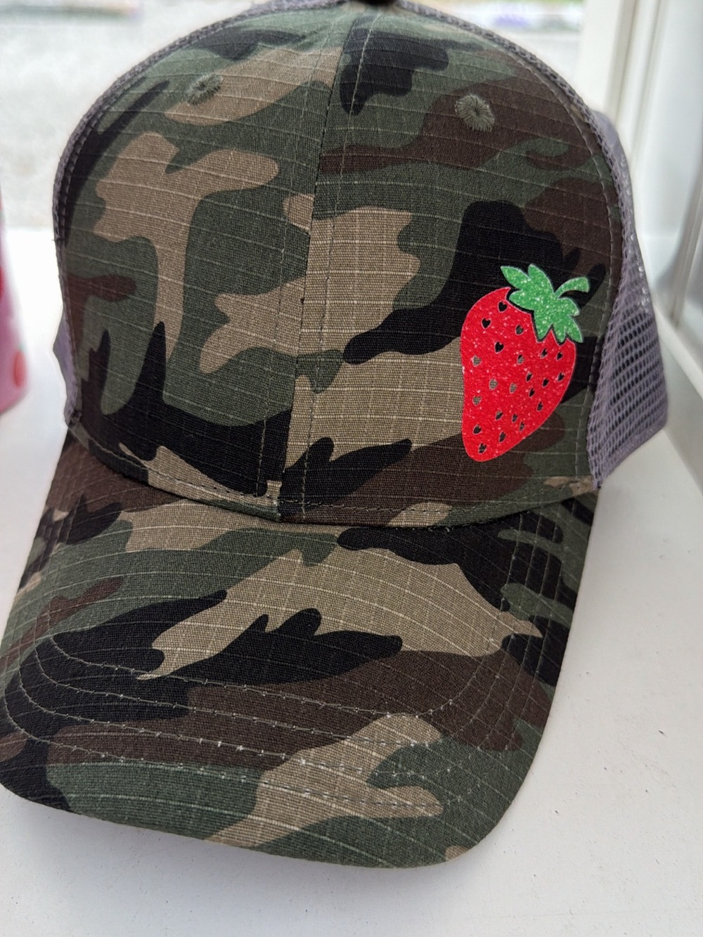 Camo Trucker Hat with Strawberry Patch